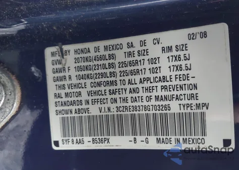 2008 Honda Cr-V Lx z USA, uszkodzony, nr VIN 3CZRE38378G703265
